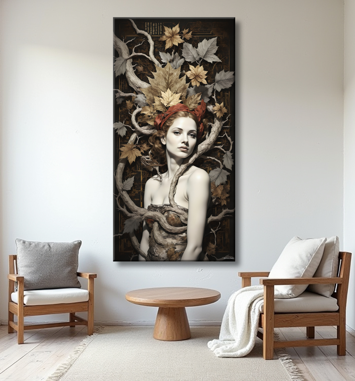 Tableau portrait féminin mystique et végétal avec decor
