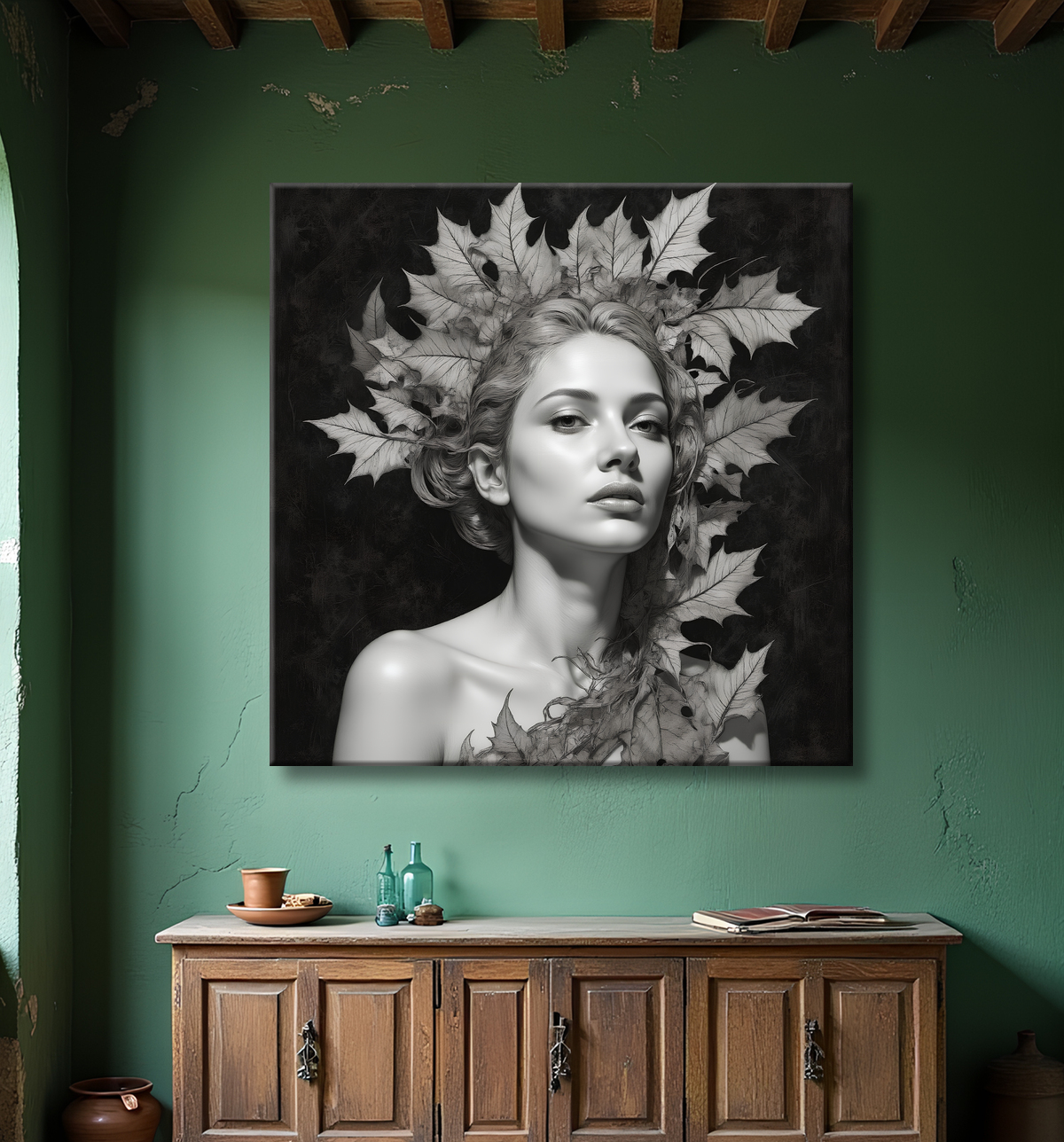 Tableau portrait féminin mystique et végétal avec decor