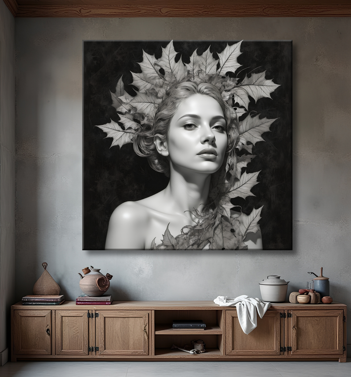 Tableau portrait féminin mystique et végétal avec decor