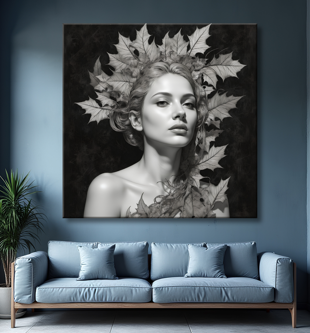 Tableau portrait féminin mystique et végétal avec decor