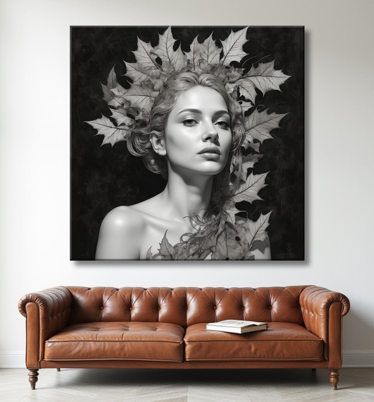 Tableau portrait féminin mystique et végétal avec decor