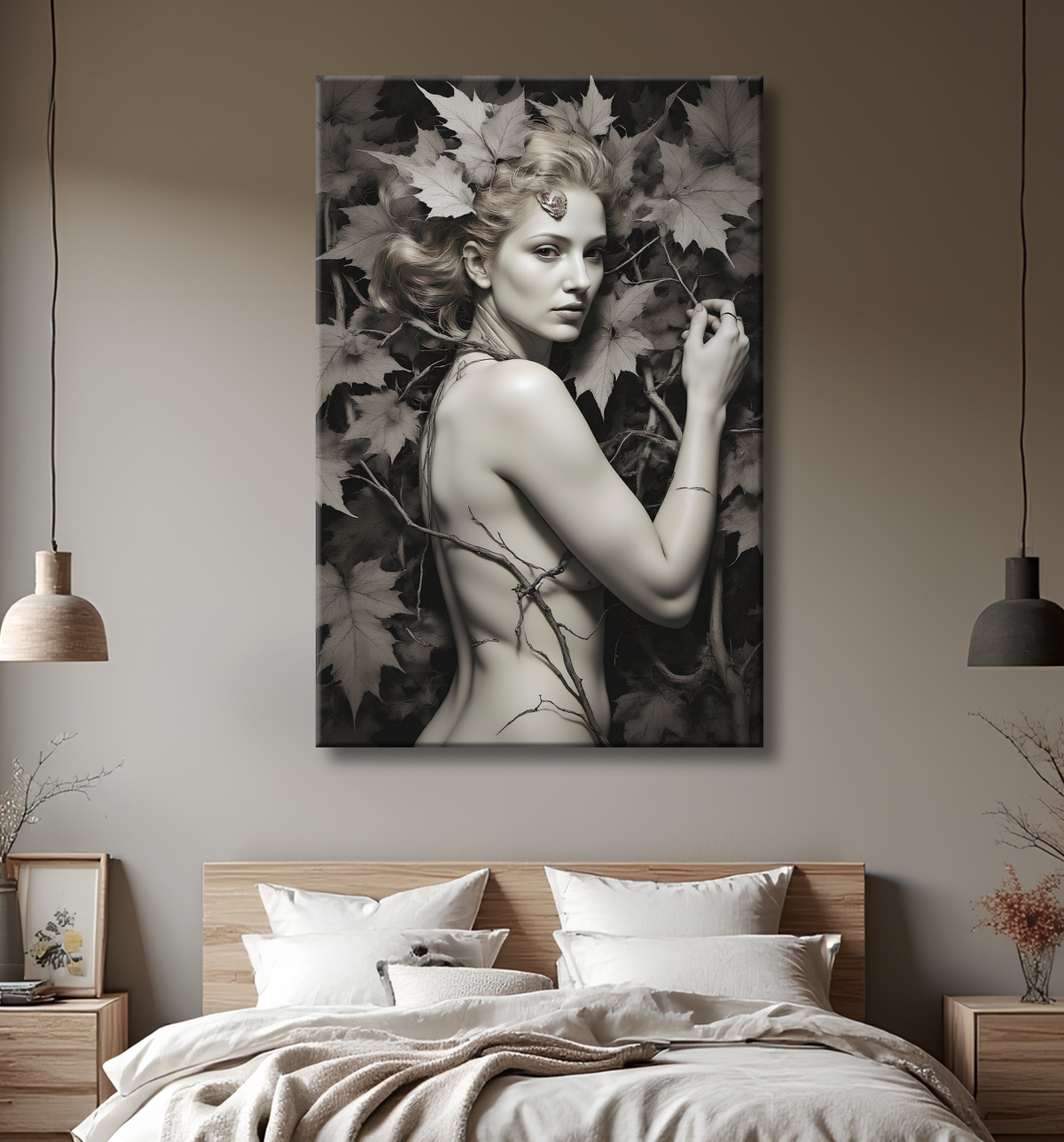 Tableau portrait féminin mystique et végétal avec decor