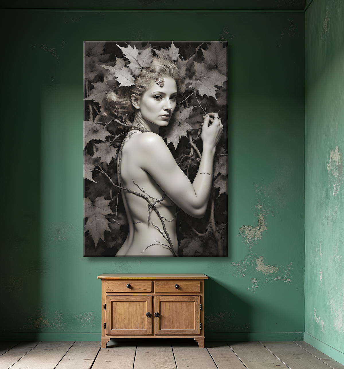 Tableau portrait féminin mystique et végétal avec decor