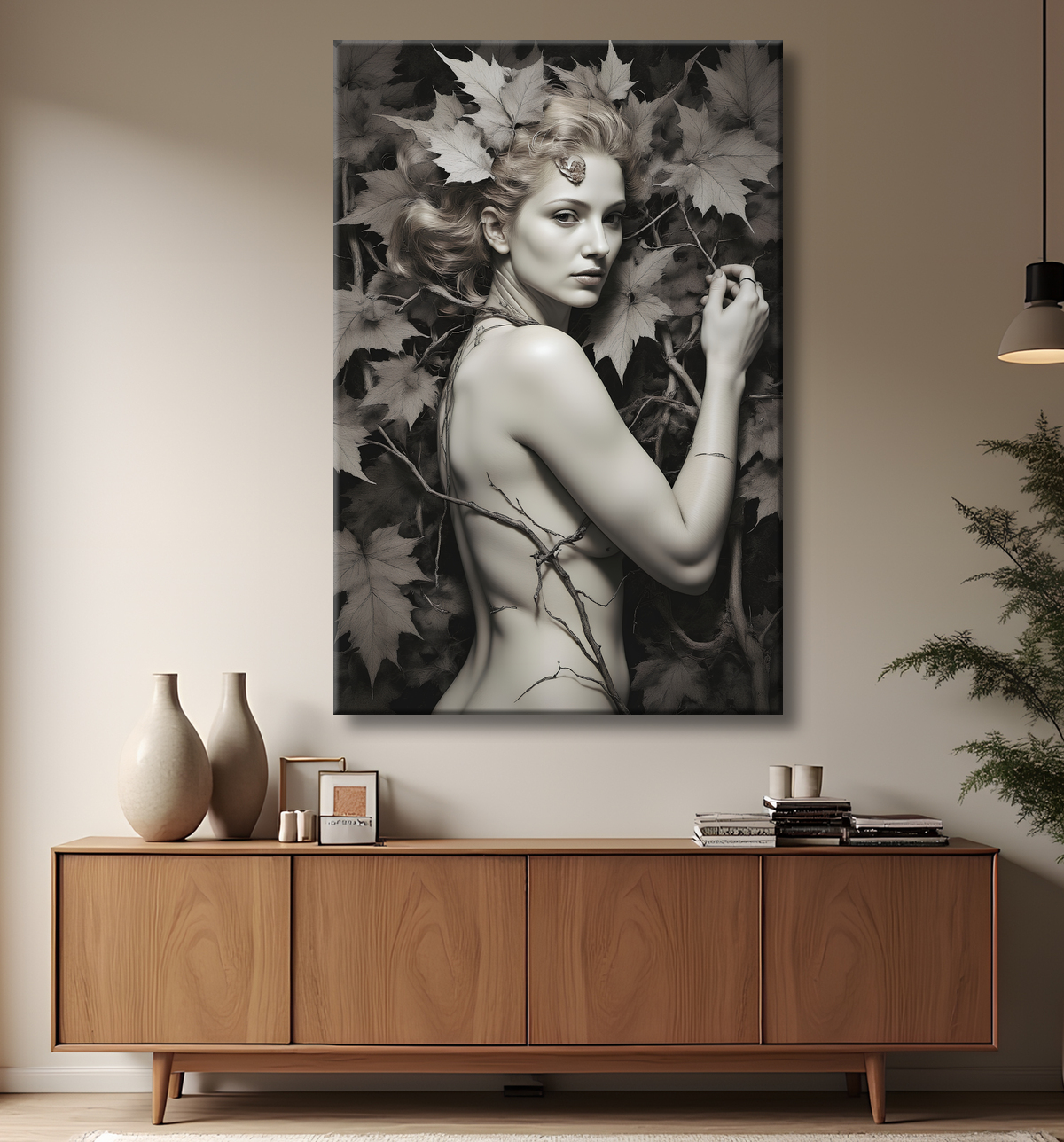 Tableau portrait féminin mystique et végétal avec decor