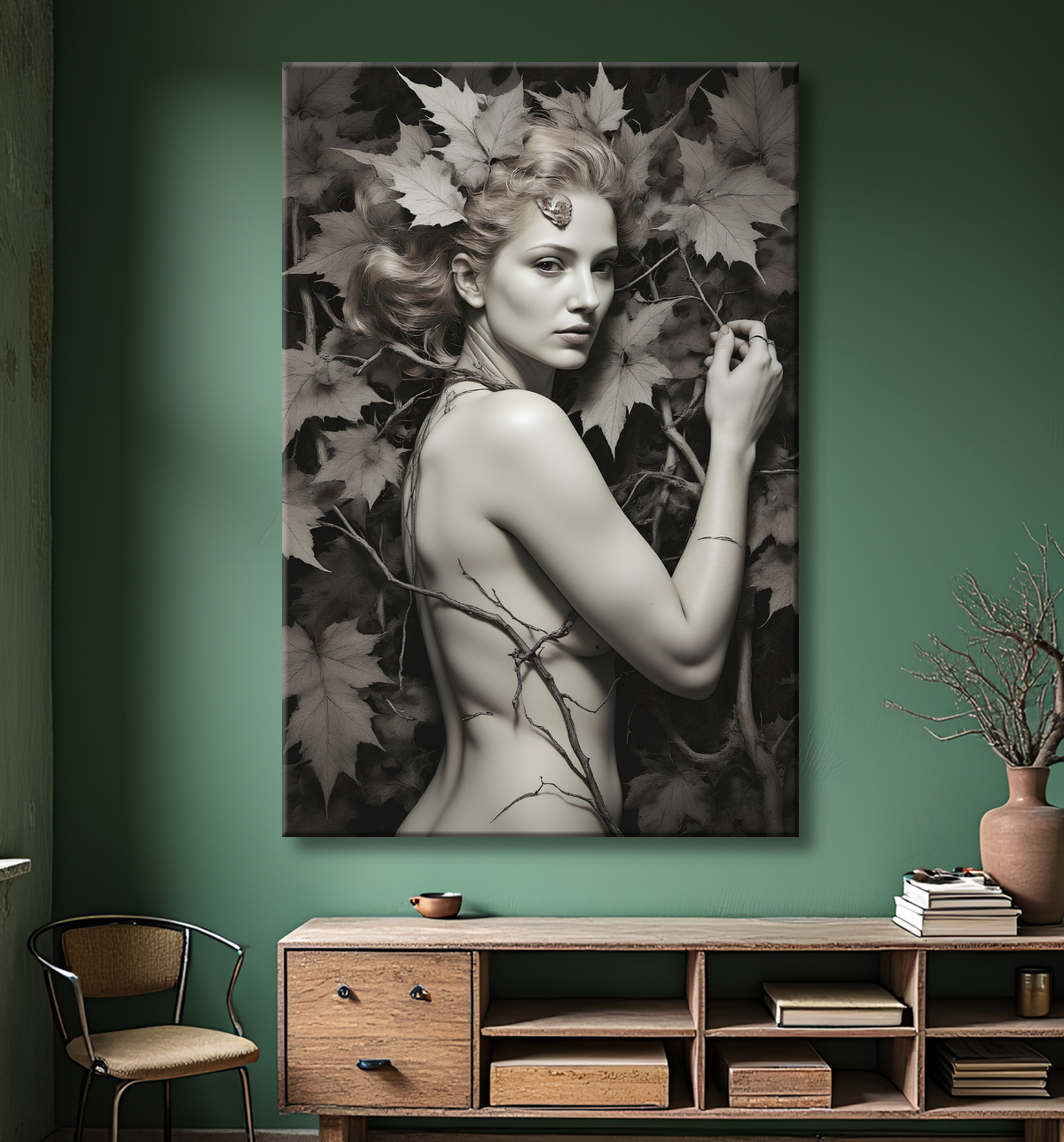 Tableau portrait féminin mystique et végétal avec decor