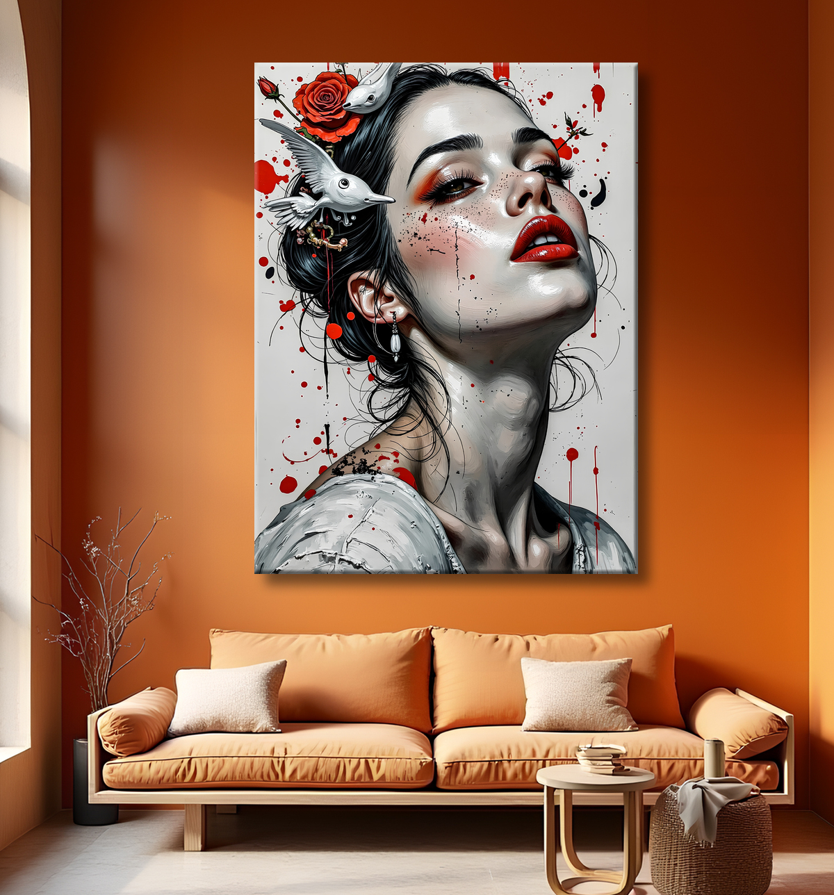 Tableau portrait féminin fleurs rouges et cheveux noirs avec decor