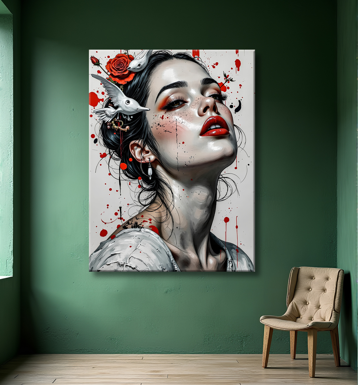 Tableau portrait féminin fleurs rouges et cheveux noirs avec decor