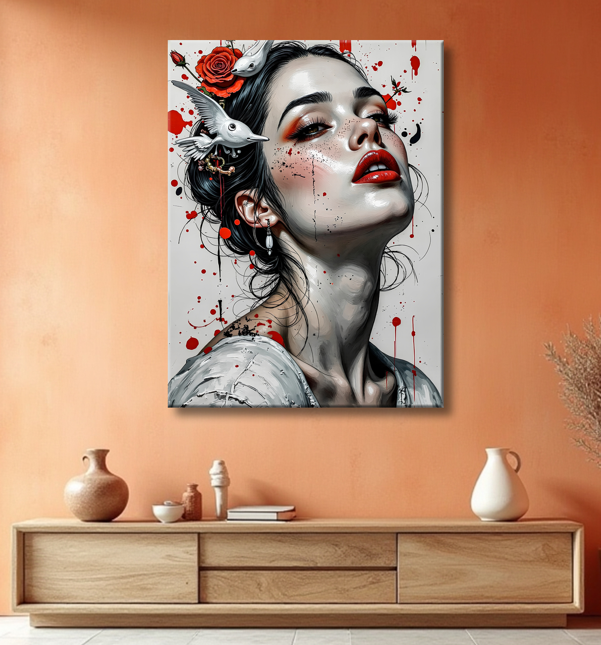 Tableau portrait féminin fleurs rouges et cheveux noirs avec decor