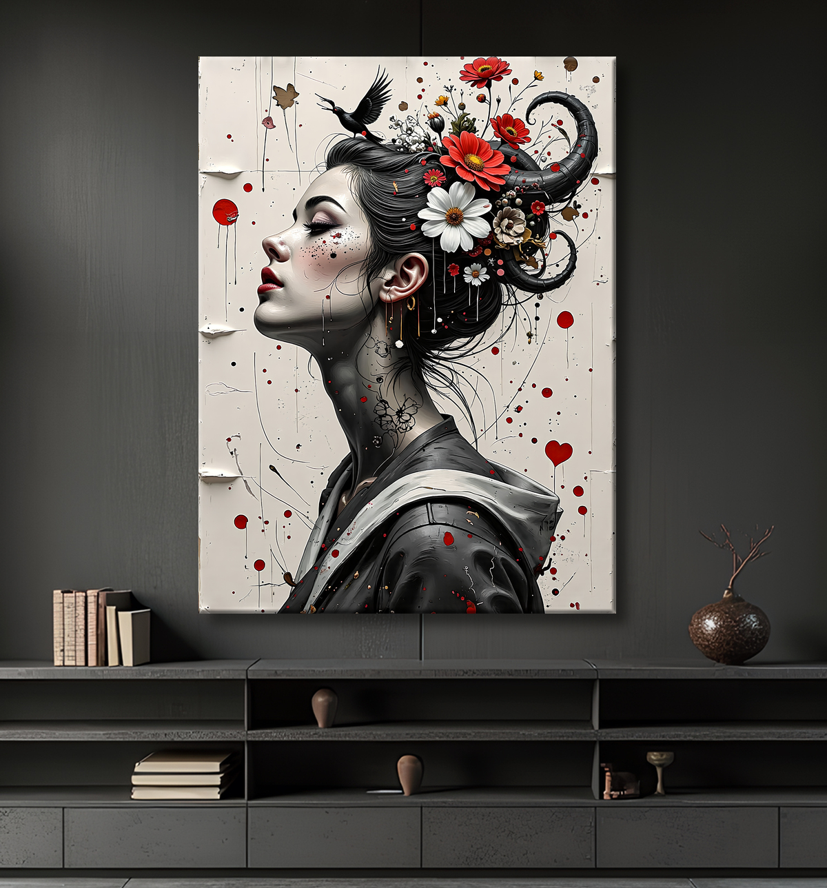 Tableau portrait féminin fleurs rouges et cheveux noirs avec decor