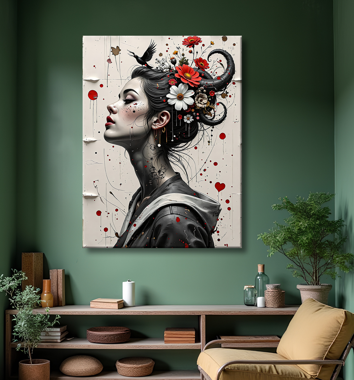 Tableau portrait féminin fleurs rouges et cheveux noirs avec decor