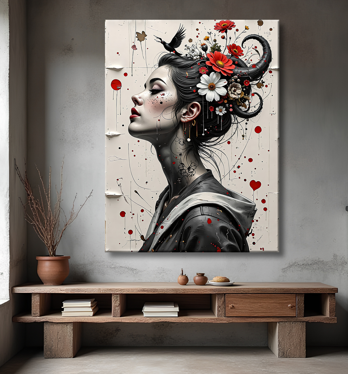 Tableau portrait féminin fleurs rouges et cheveux noirs avec decor