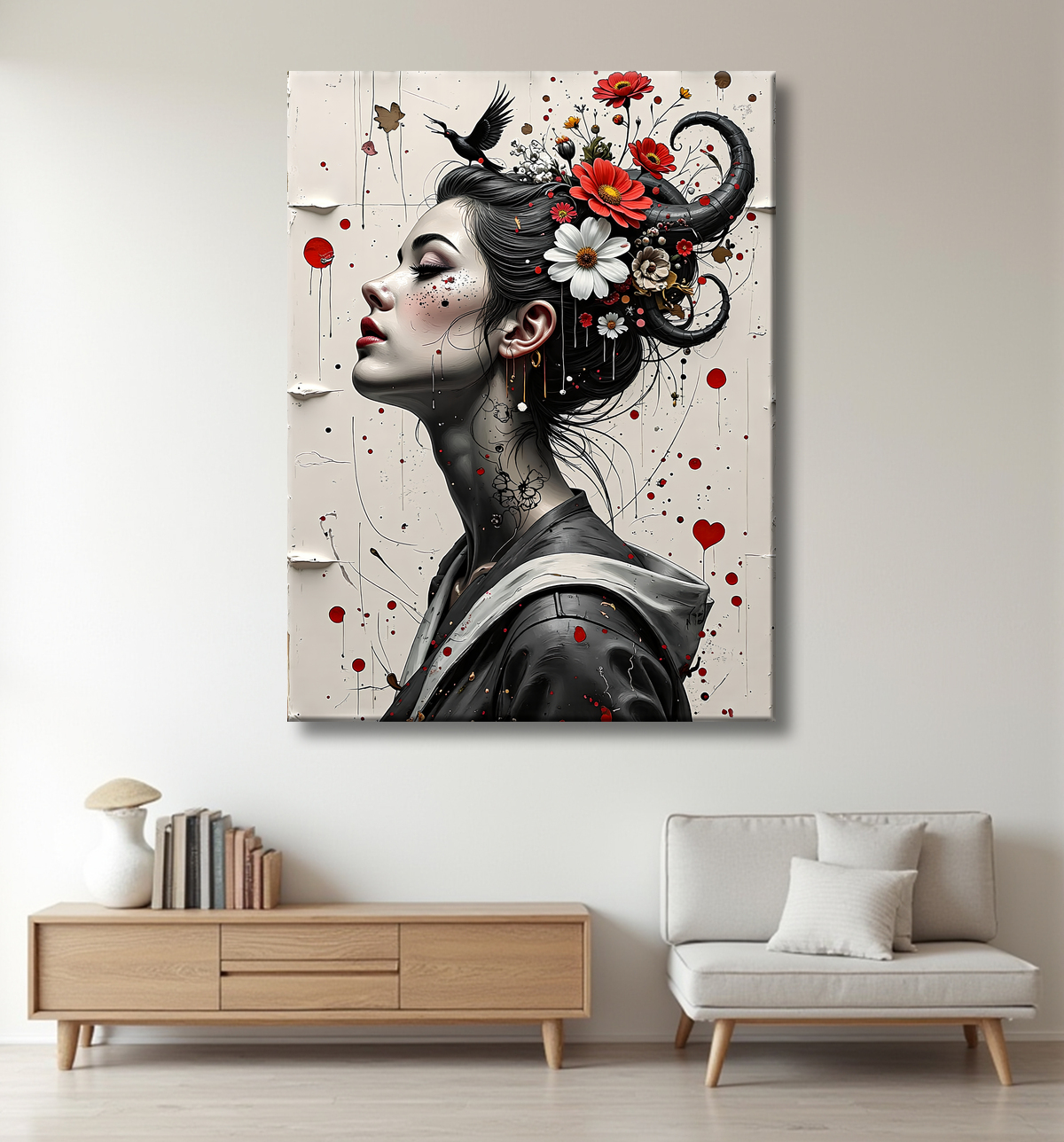 Tableau portrait féminin fleurs rouges et cheveux noirs avec decor