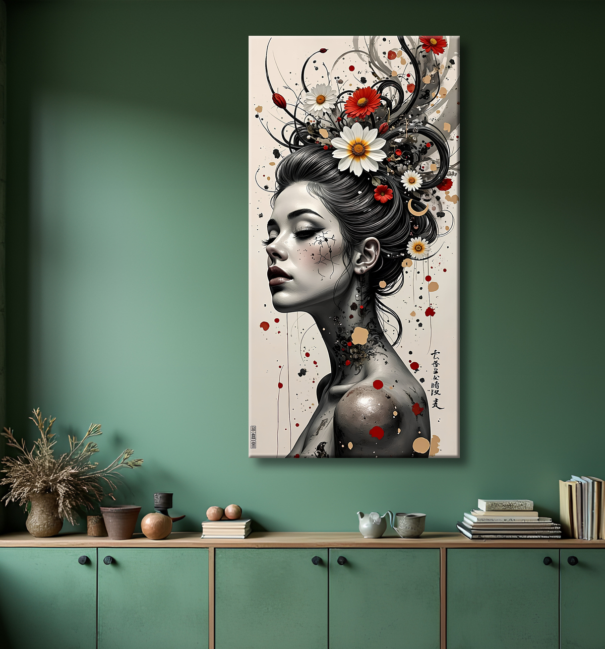 Tableau portrait féminin fleurs rouges et cheveux noirs avec decor