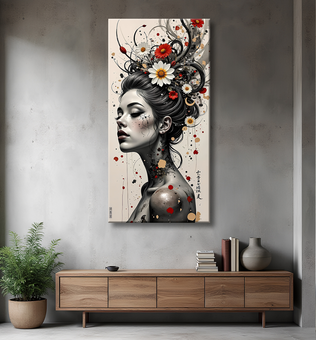 Tableau portrait féminin fleurs rouges et cheveux noirs avec decor