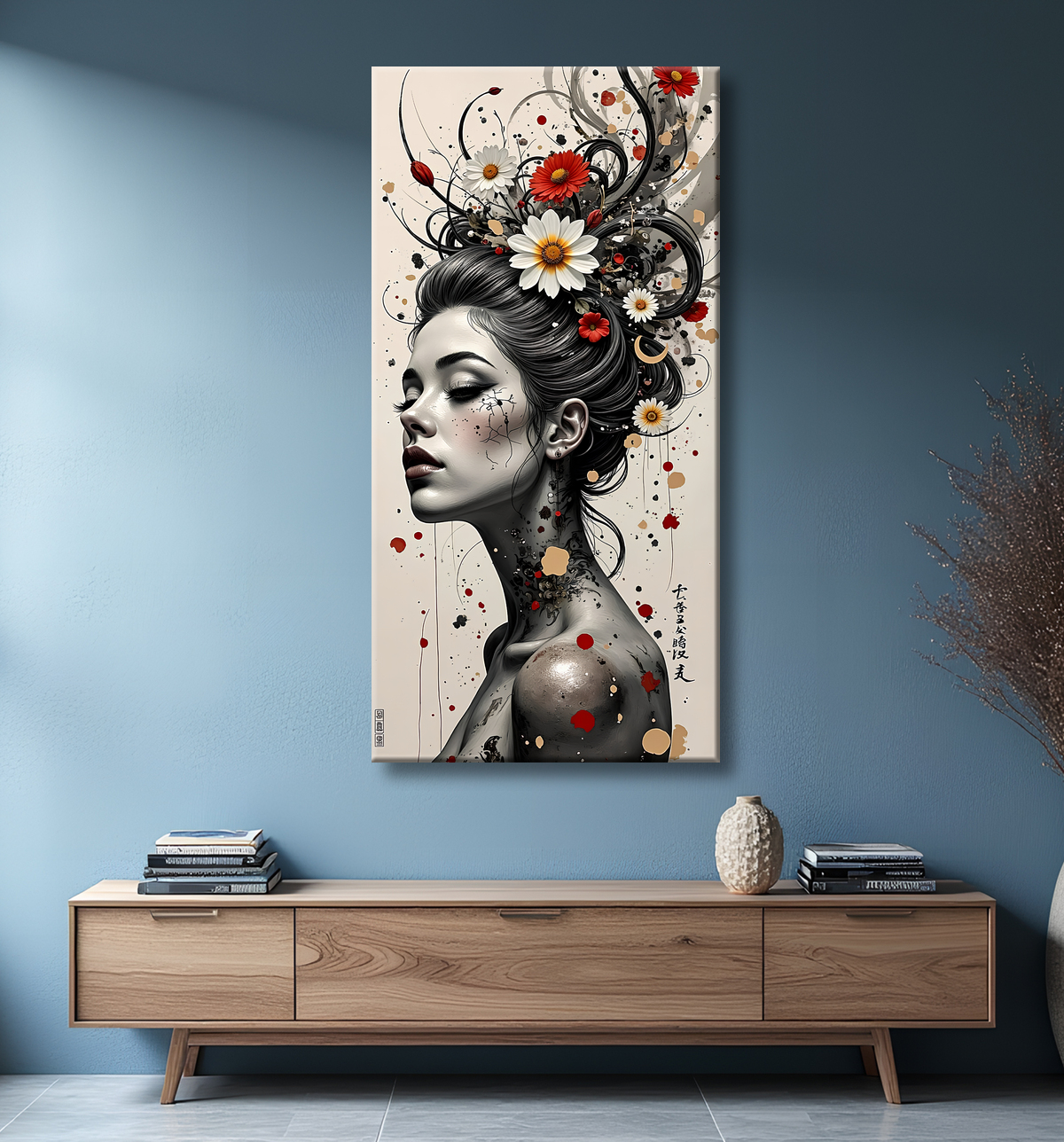 Tableau portrait féminin fleurs rouges et cheveux noirs avec decor