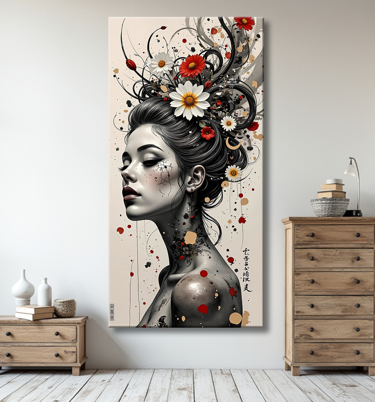 Tableau portrait féminin fleurs rouges et cheveux noirs avec decor