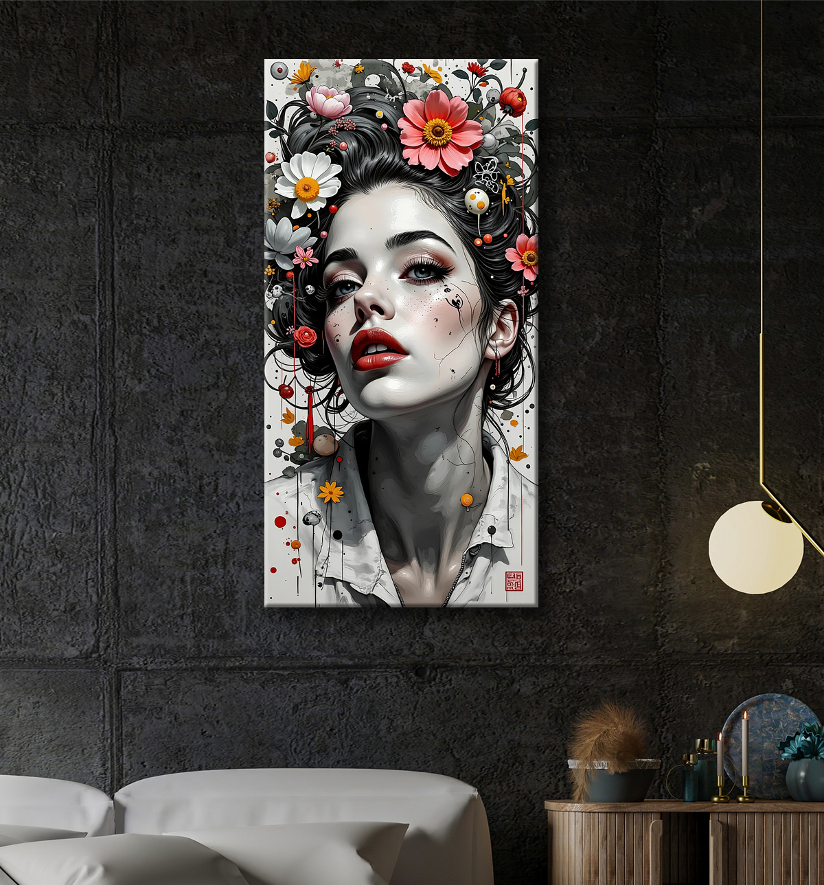 Tableau portrait féminin fleurs rouges et cheveux noirs avec decor