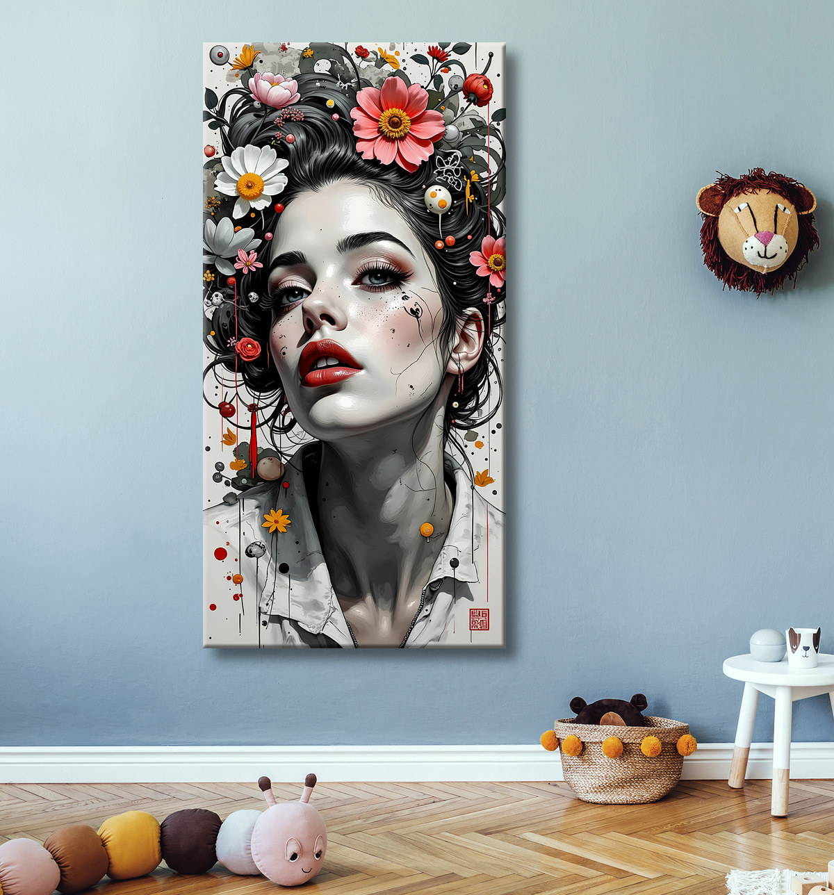 Tableau portrait féminin fleurs rouges et cheveux noirs avec decor