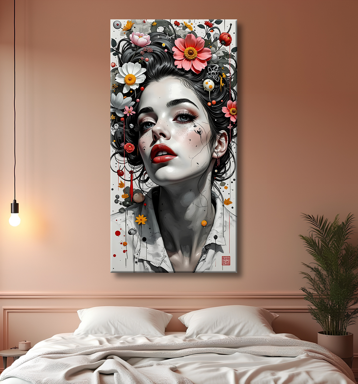 Tableau portrait féminin fleurs rouges et cheveux noirs avec decor