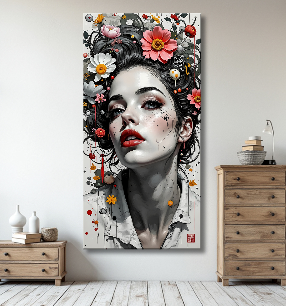 Tableau portrait féminin fleurs rouges et cheveux noirs avec decor