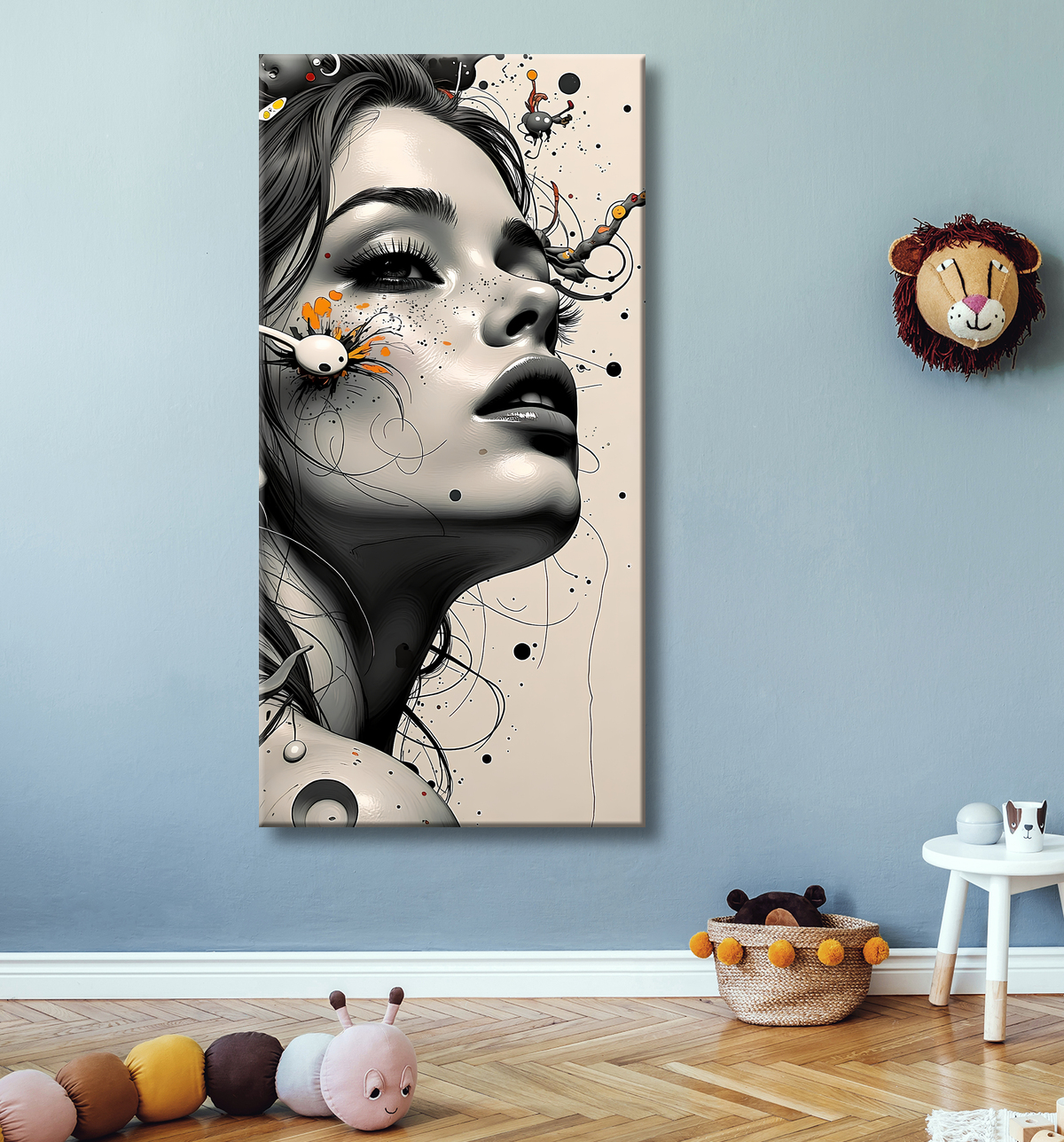 Tableau portrait féminin fleurs rouges et cheveux noirs avec decor