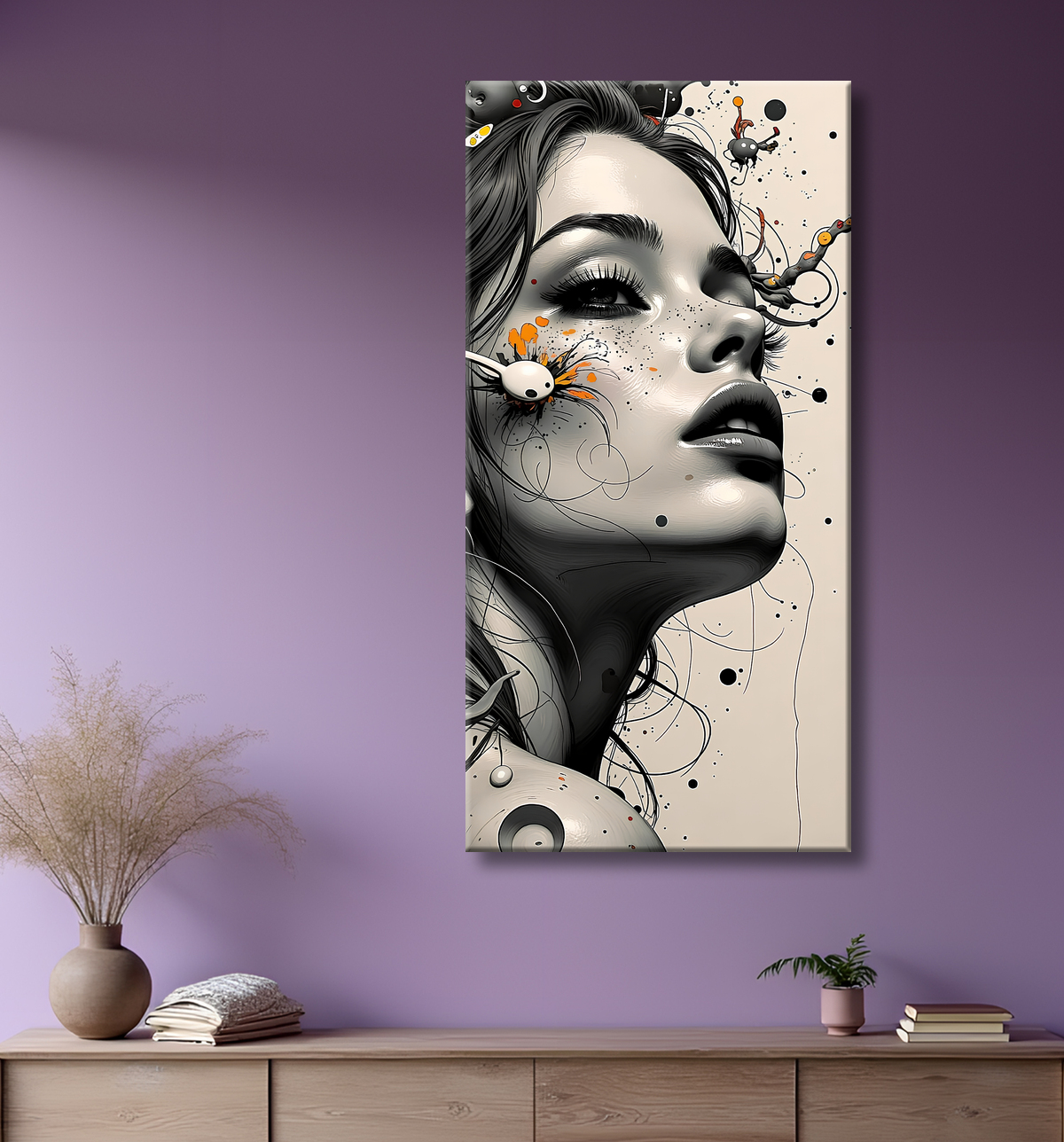 Tableau portrait féminin fleurs rouges et cheveux noirs avec decor