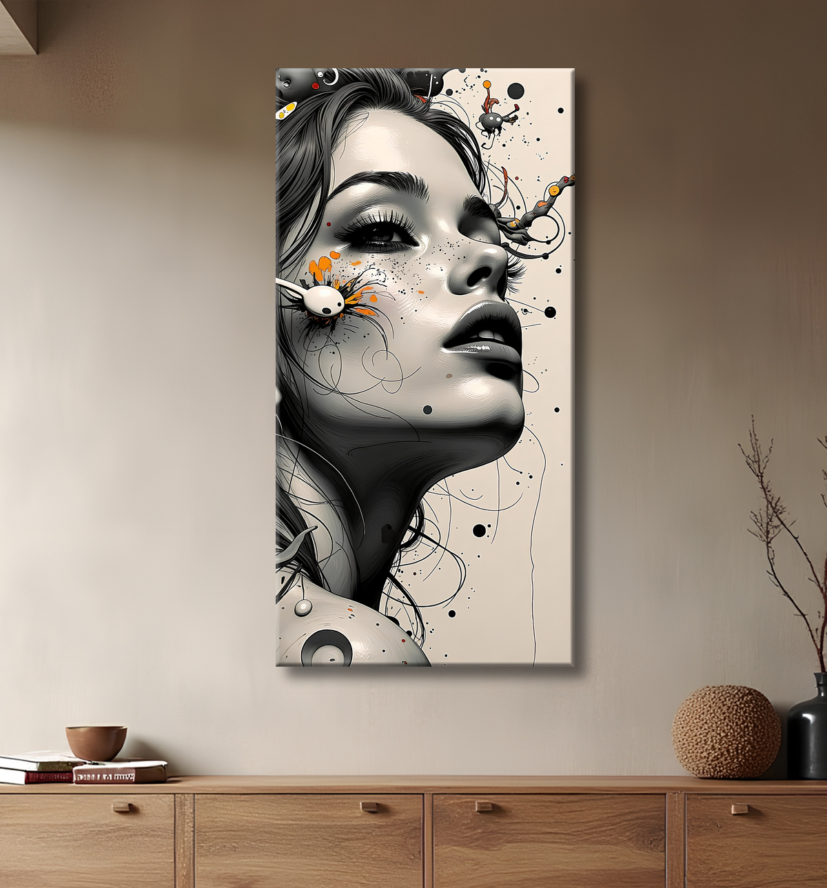 Tableau portrait féminin fleurs rouges et cheveux noirs avec decor