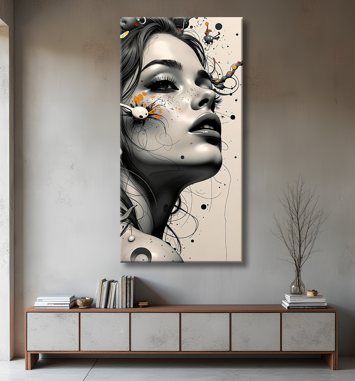 Tableau portrait féminin fleurs rouges et cheveux noirs avec decor