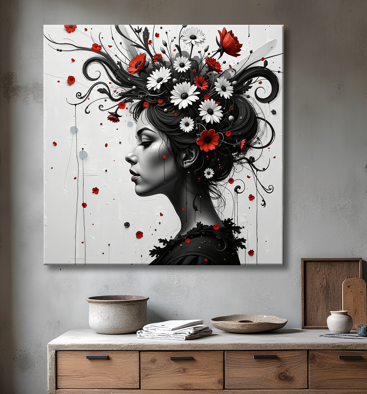 Tableau portrait féminin fleurs rouges et cheveux noirs avec decor