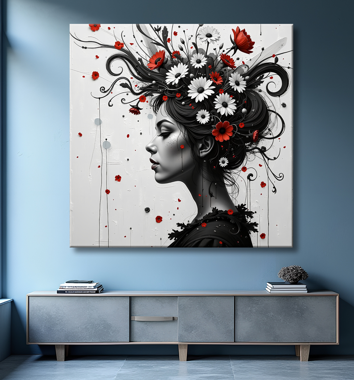 Tableau portrait féminin fleurs rouges et cheveux noirs avec decor