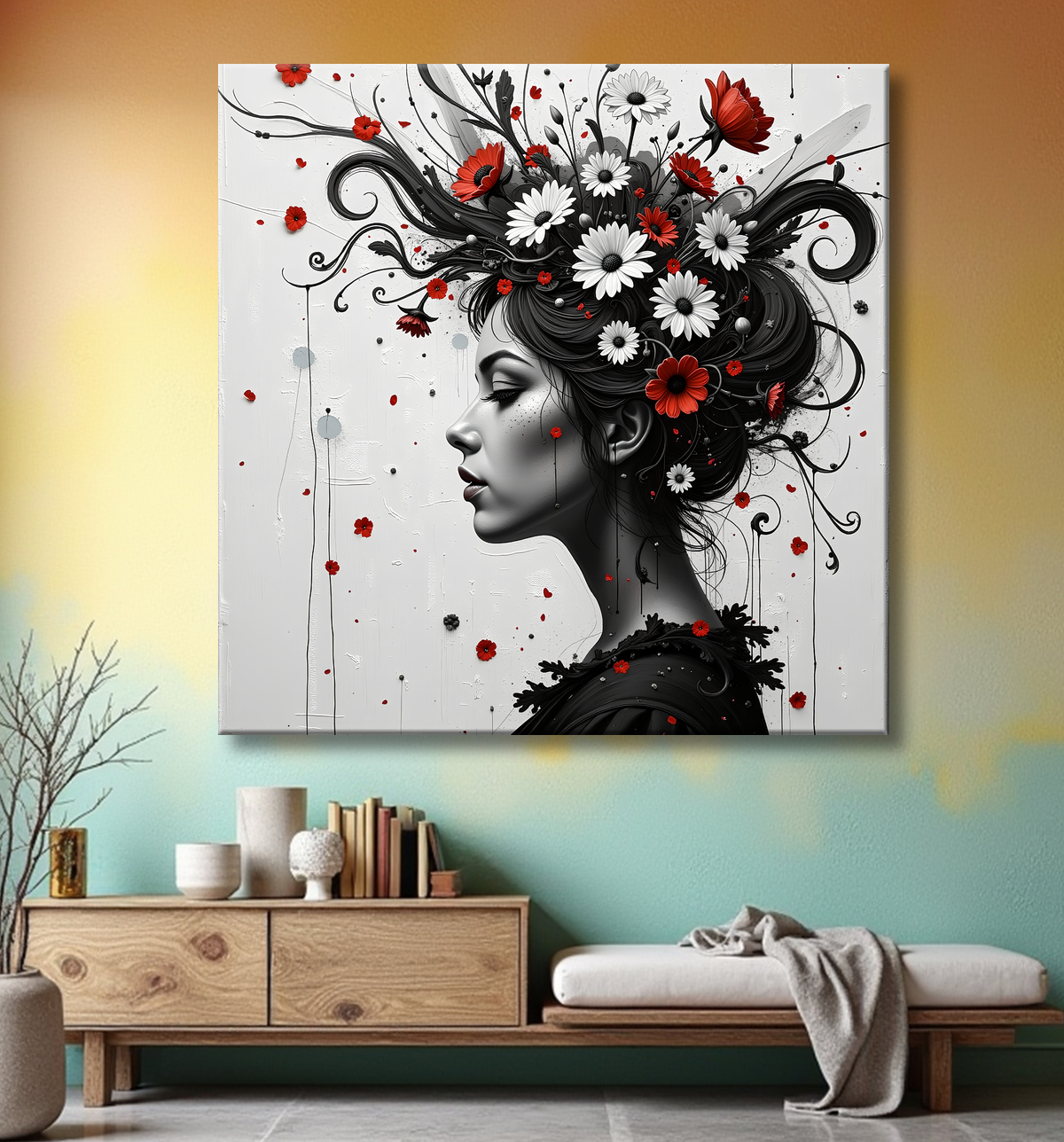 Tableau portrait féminin fleurs rouges et cheveux noirs avec decor