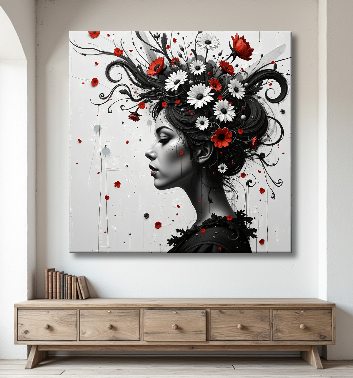 Tableau portrait féminin fleurs rouges et cheveux noirs avec decor