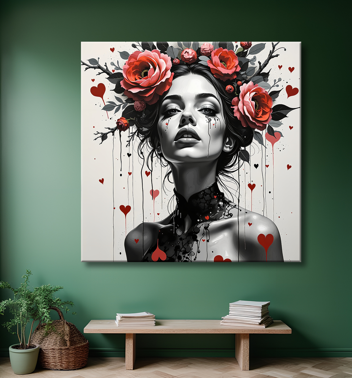Tableau portrait féminin fleurs rouges et cheveux noirs avec decor