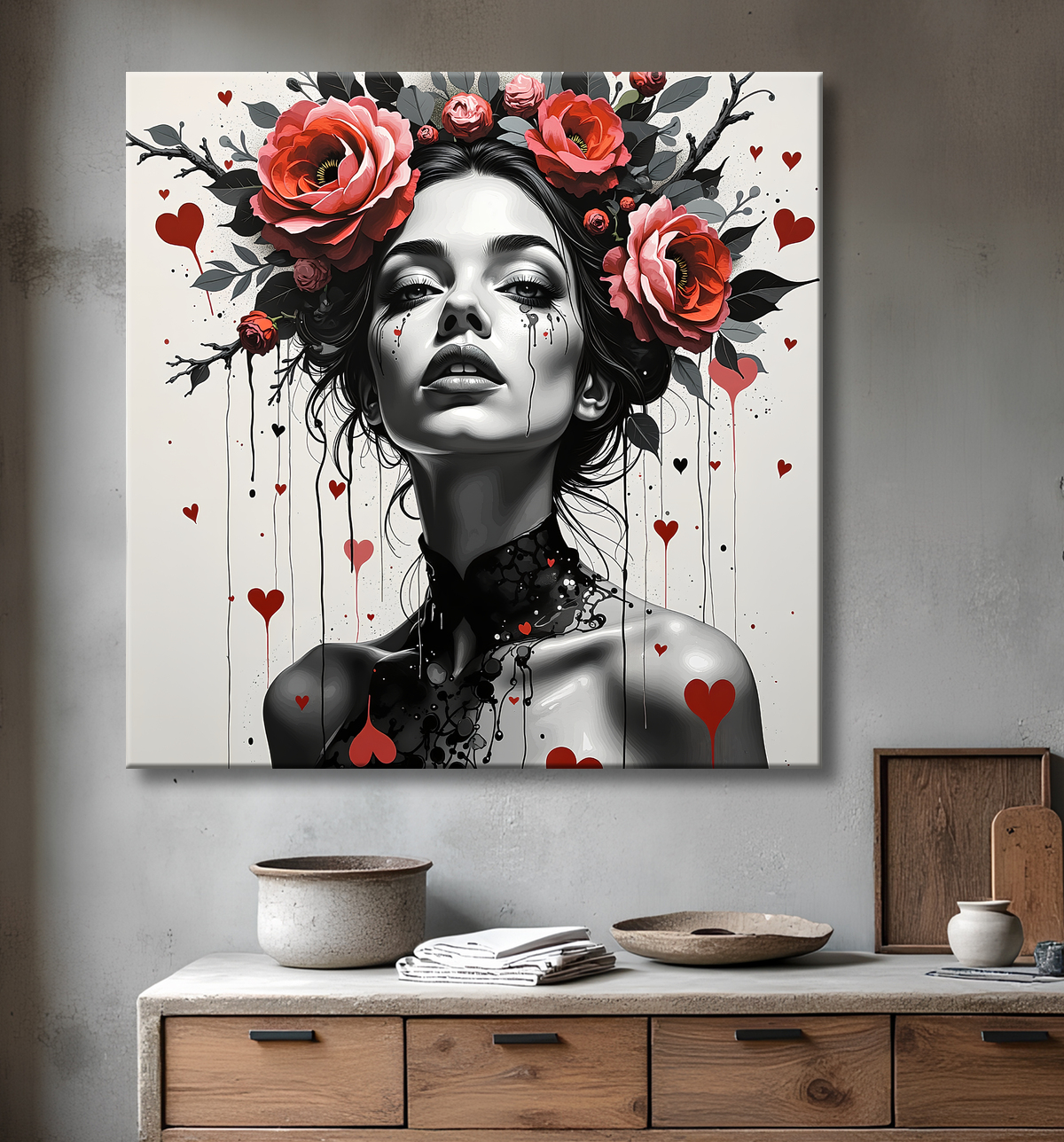 Tableau portrait féminin fleurs rouges et cheveux noirs avec decor