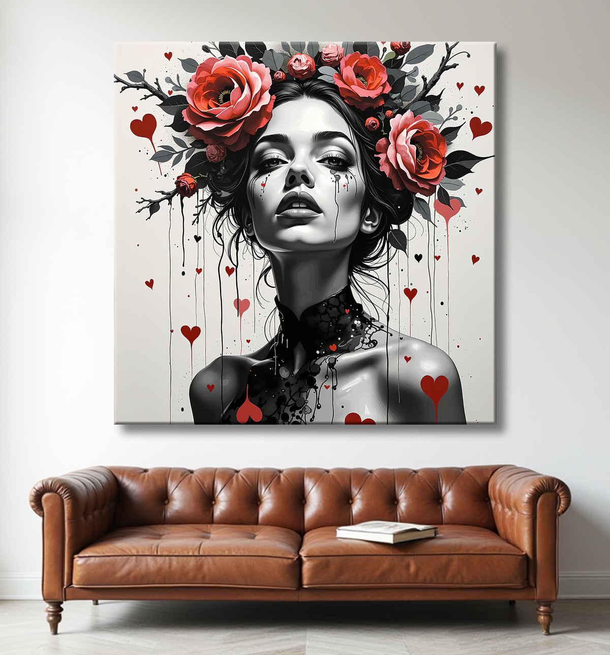 Tableau portrait féminin fleurs rouges et cheveux noirs avec decor