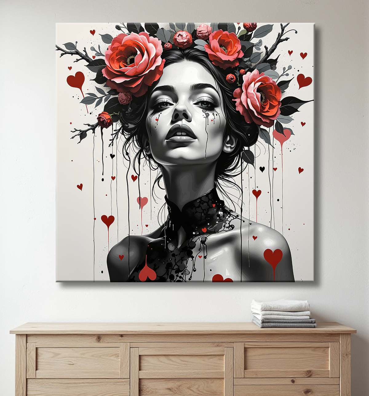 Tableau portrait féminin fleurs rouges et cheveux noirs avec decor