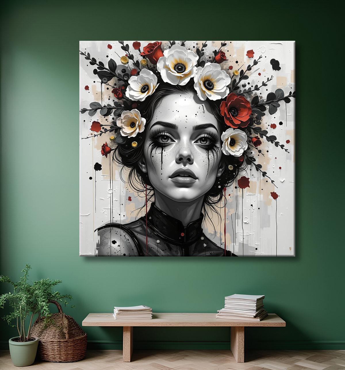Tableau portrait féminin fleurs rouges et cheveux noirs avec decor