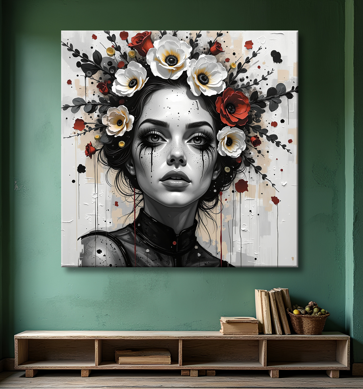Tableau portrait féminin fleurs rouges et cheveux noirs avec decor