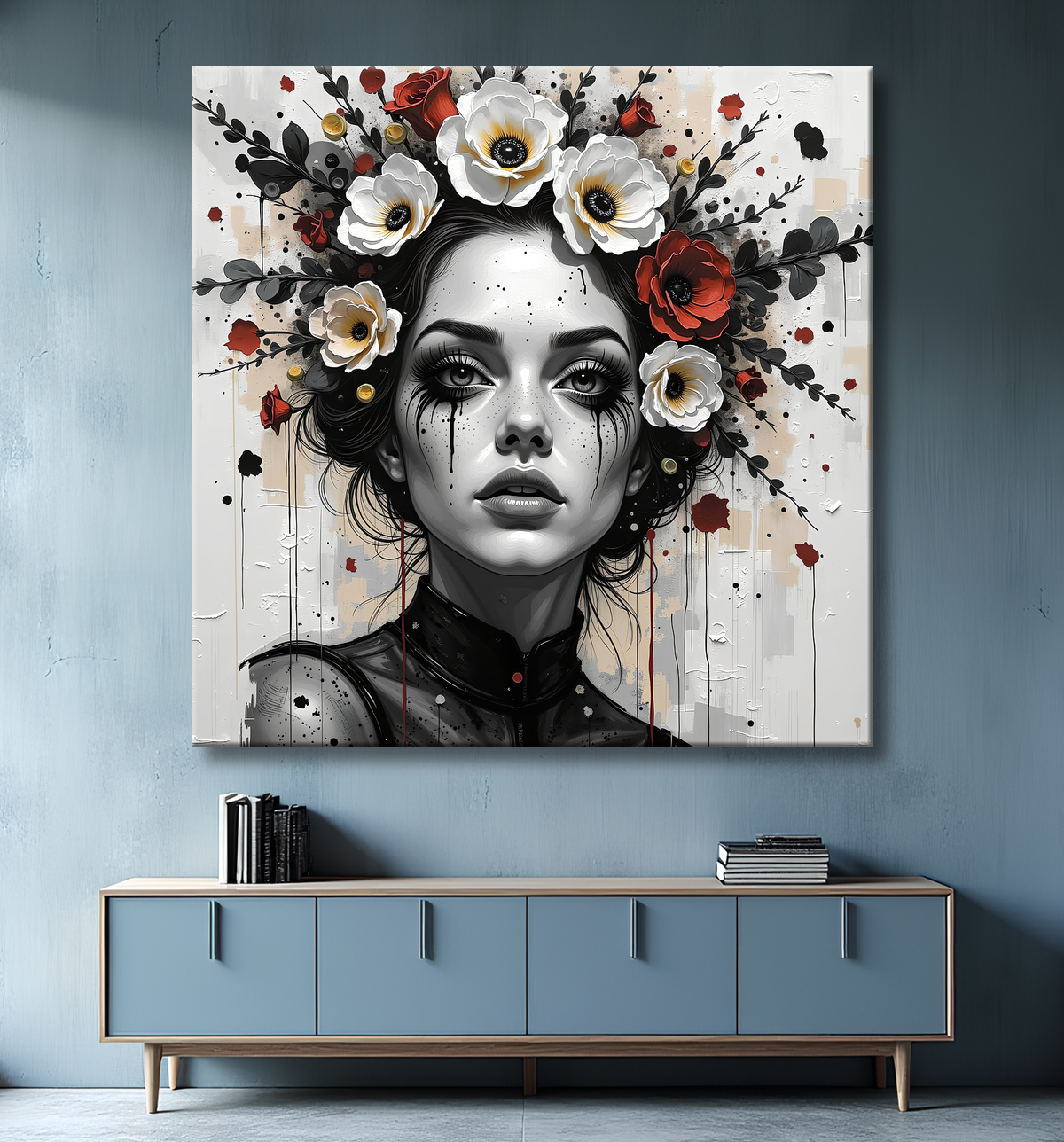 Tableau portrait féminin fleurs rouges et cheveux noirs avec decor
