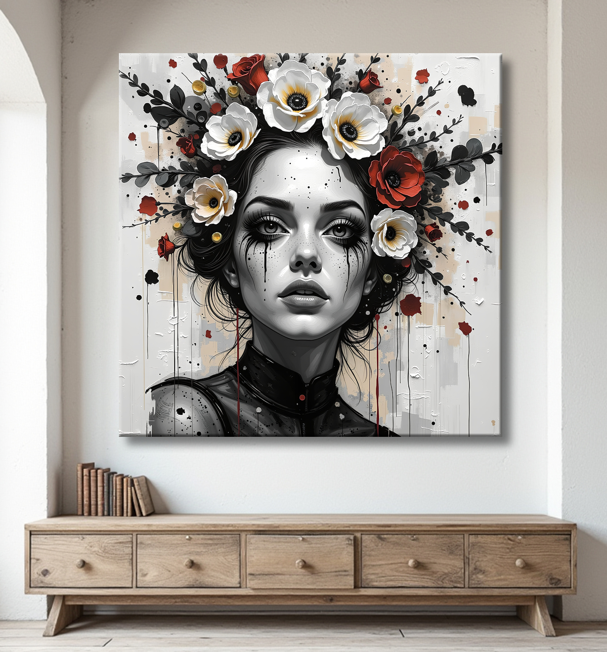 Tableau portrait féminin fleurs rouges et cheveux noirs avec decor