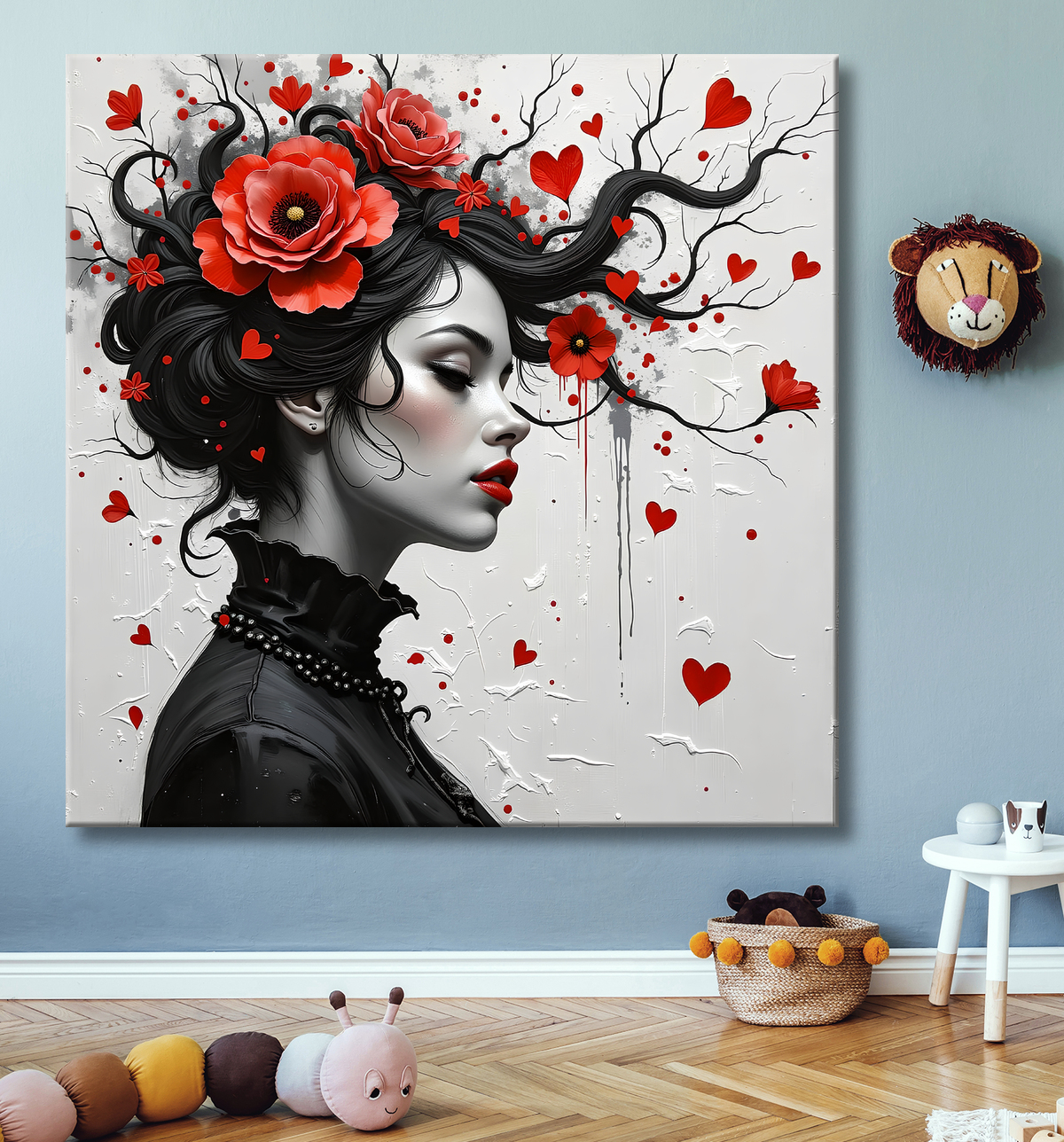 Tableau portrait féminin fleurs rouges et cheveux noirs avec decor