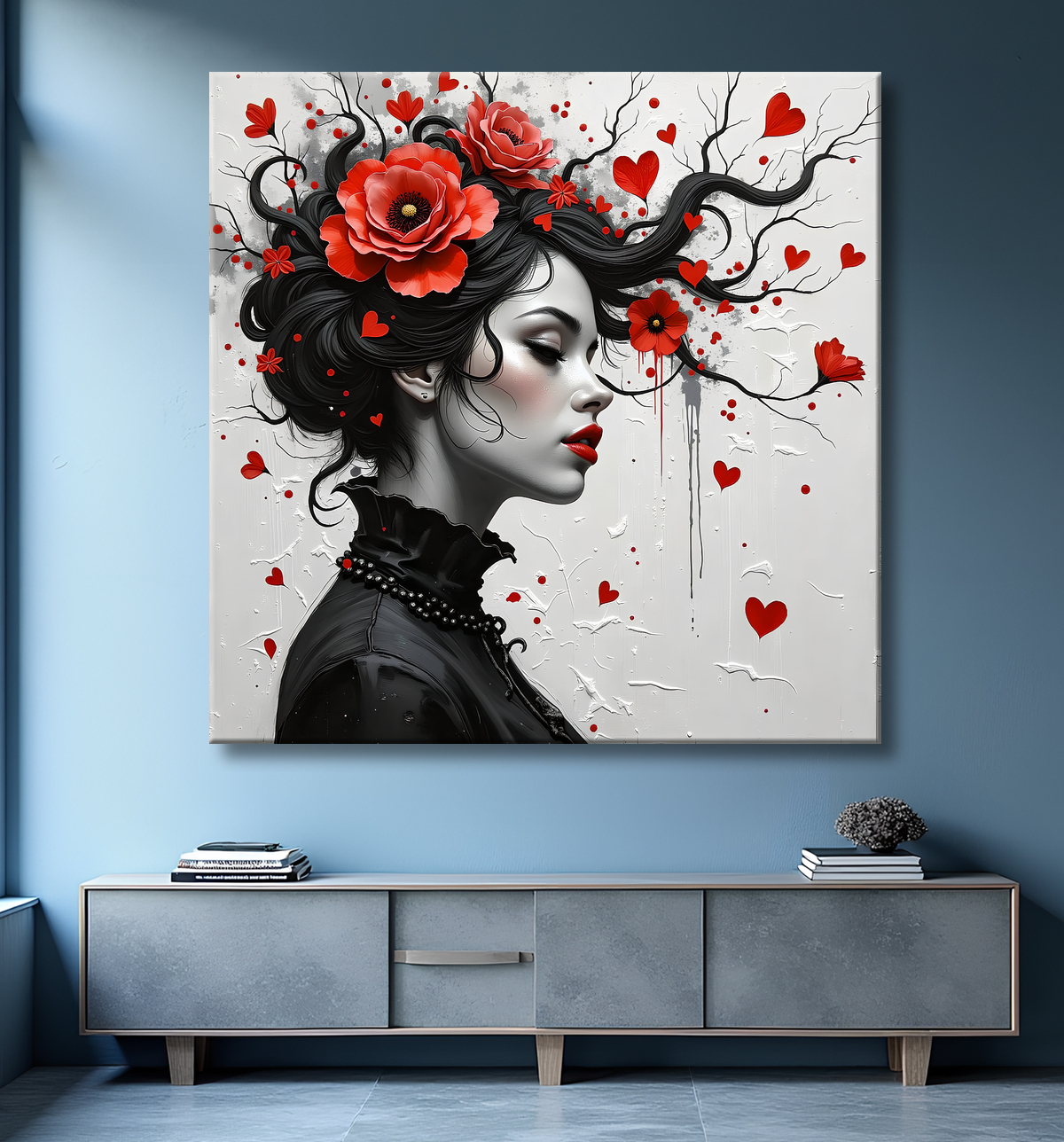 Tableau portrait féminin fleurs rouges et cheveux noirs avec decor