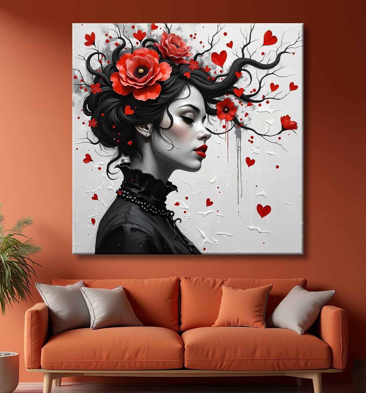 Tableau portrait féminin fleurs rouges et cheveux noirs avec decor