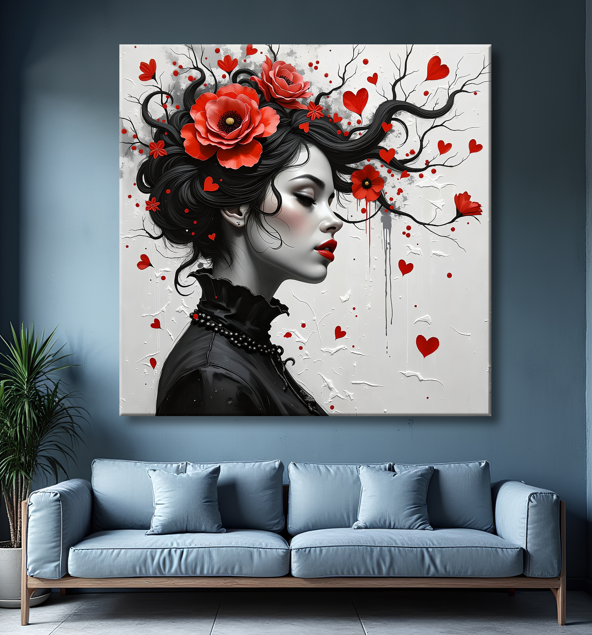 Tableau portrait féminin fleurs rouges et cheveux noirs avec decor