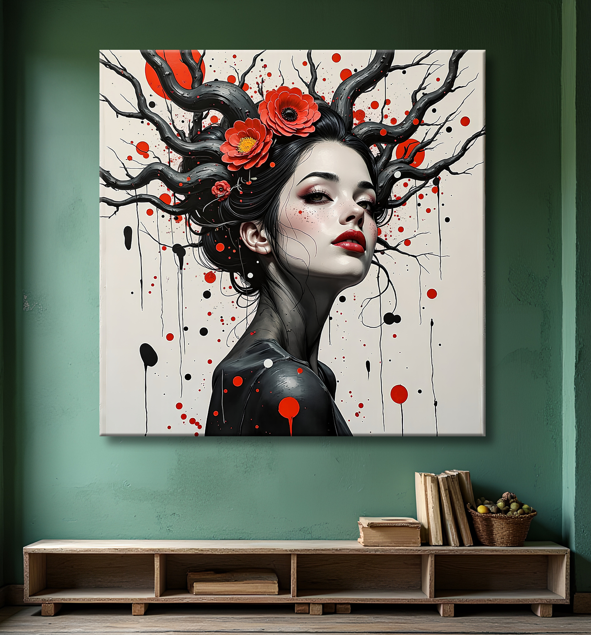 Tableau portrait féminin fleurs rouges et cheveux noirs avec decor