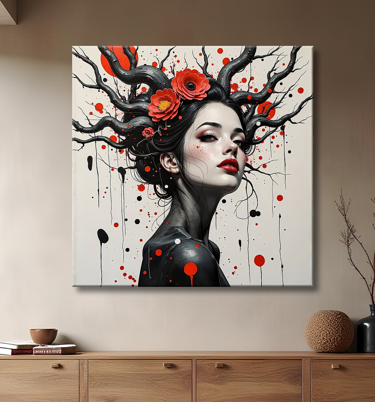 Tableau portrait féminin fleurs rouges et cheveux noirs avec decor