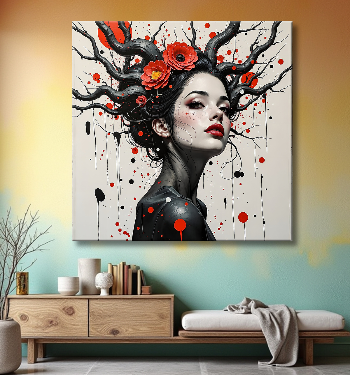 Tableau portrait féminin fleurs rouges et cheveux noirs avec decor