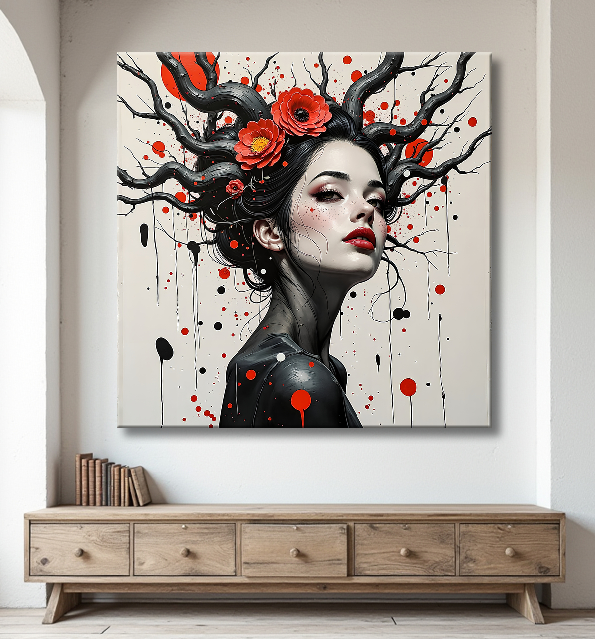 Tableau portrait féminin fleurs rouges et cheveux noirs avec decor