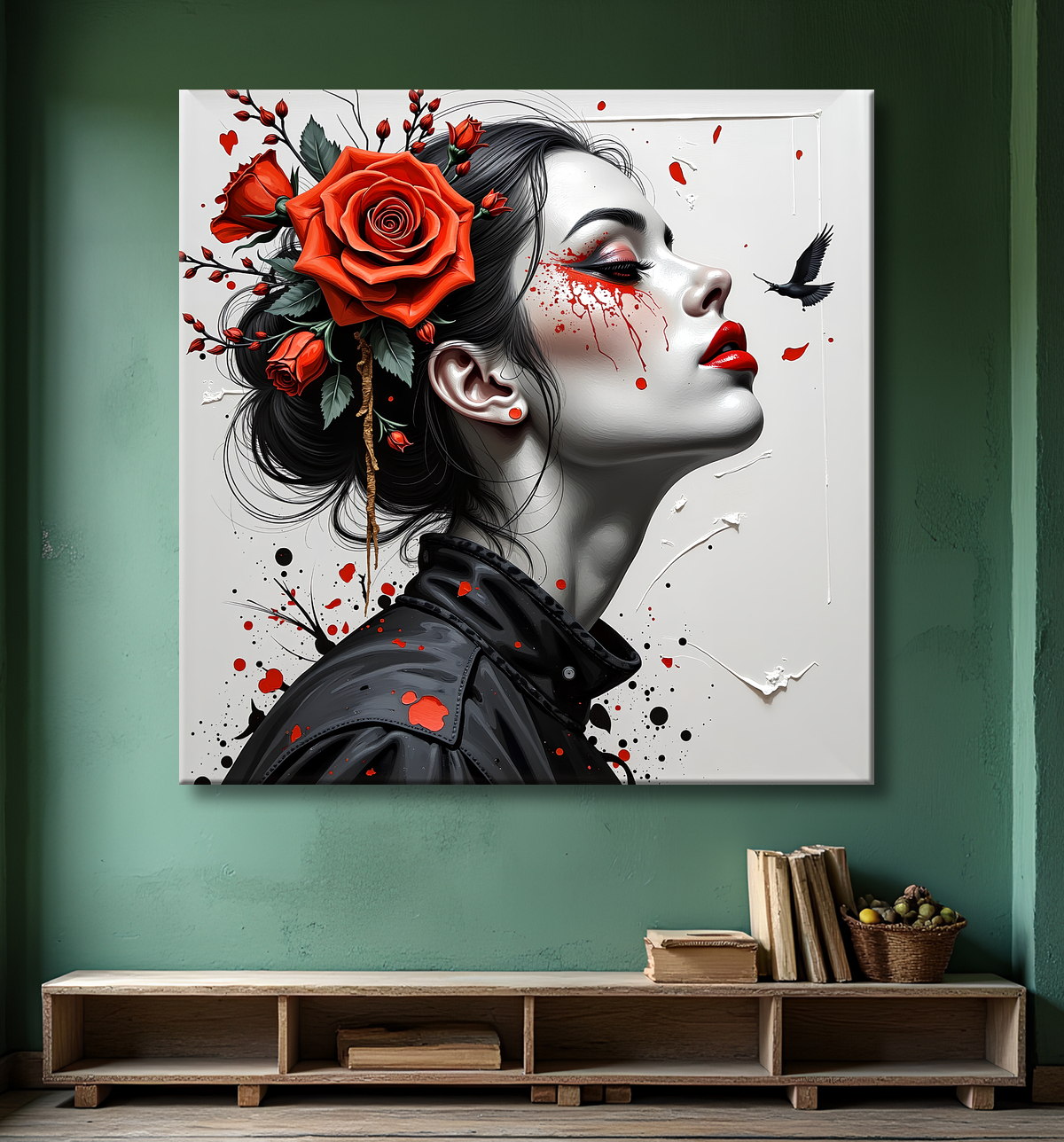 Tableau portrait féminin fleurs rouges et cheveux noirs avec decor