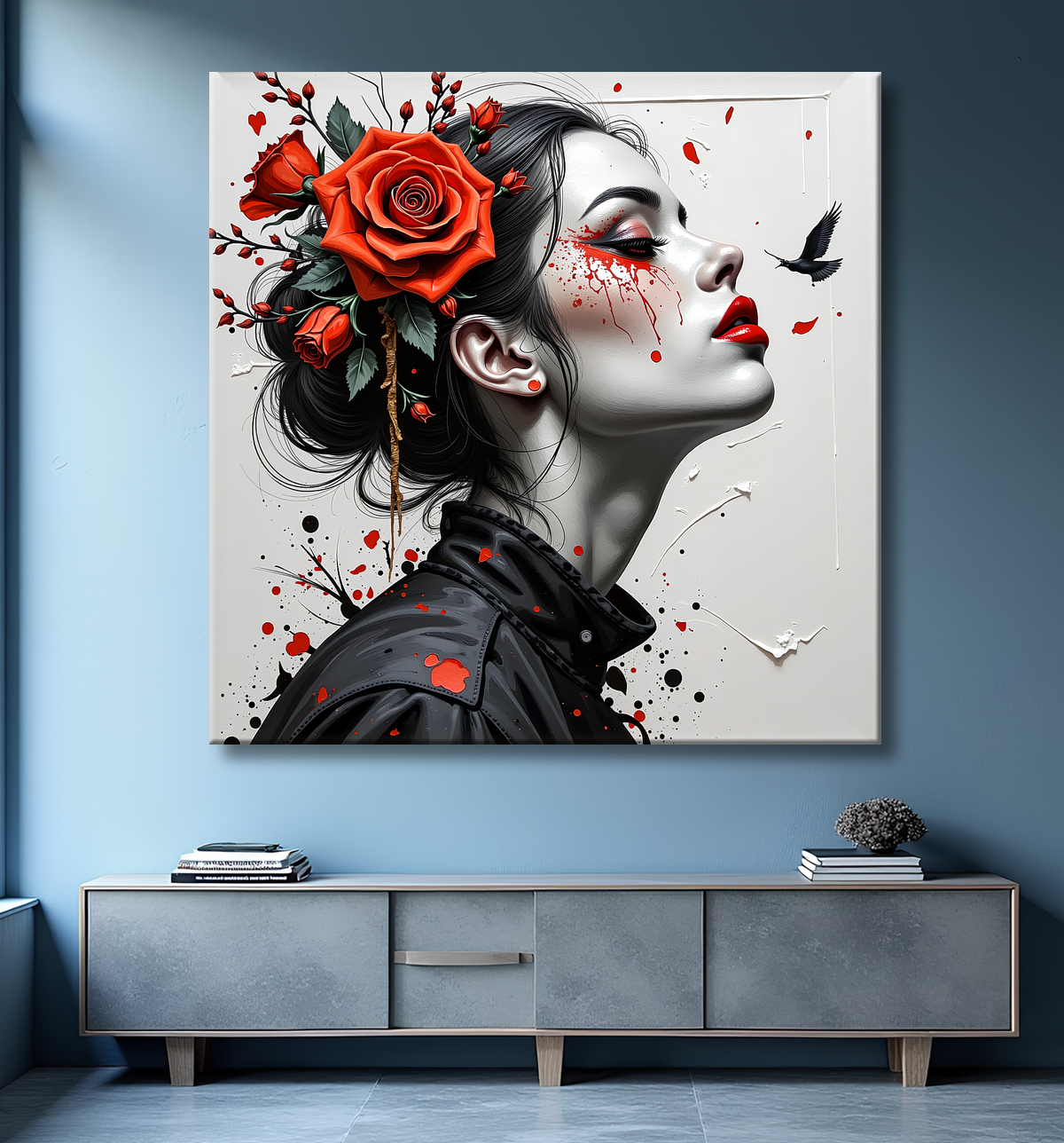 Tableau portrait féminin fleurs rouges et cheveux noirs avec decor
